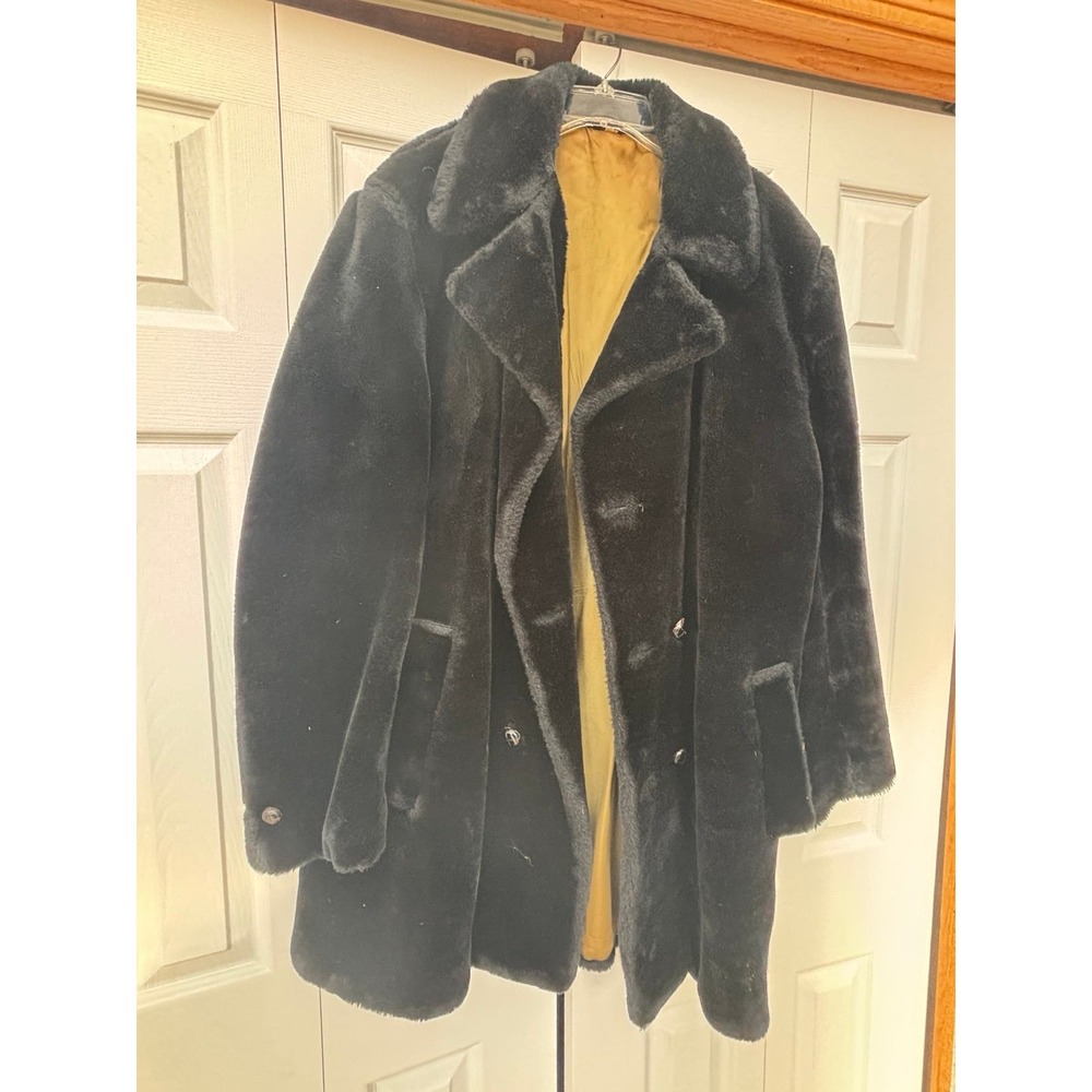 1970s vintage FAUX FUR double breasted L black PIMP overcoat 1970s acrylic FUNKY